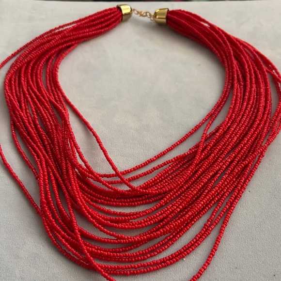 Coral Red beads Nexklace Jewelry - Vibrant Red Multi-Strand Necklace